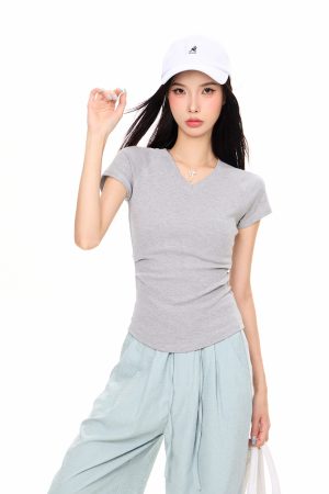 V-Neck Short Sleeve Cropped T-Shirt for Women, Sexy American Style Summer Top, Tight-Fitting Base Layer, Y2K Fashion 2025