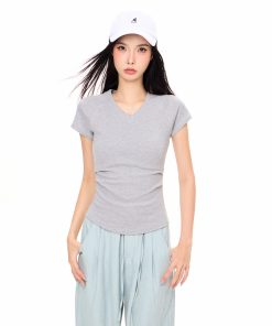 V-Neck Short Sleeve Cropped T-Shirt for Women, Sexy American Style Summer Top, Tight-Fitting Base Layer, Y2K Fashion 2025