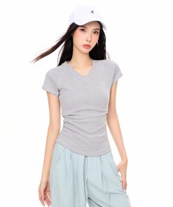 V-Neck Short Sleeve Cropped T-Shirt for Women, Sexy American Style Summer Top, Tight-Fitting Base Layer, Y2K Fashion 2025