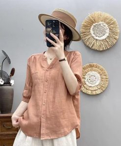 V-Neck Short Sleeve Shirt for Women, Loose Slimming Summer Top, Five-Point Sleeve, Trendy and Versatile Fashion 2025