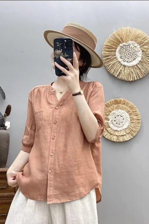 V-Neck Short Sleeve Shirt for Women, Loose Slimming Summer Top, Five-Point Sleeve, Trendy and Versatile Fashion 2025