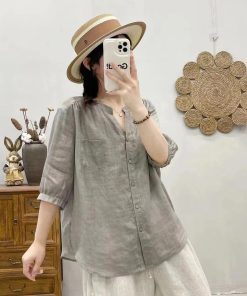 V-Neck Short Sleeve Shirt for Women, Loose Slimming Summer Top, Five-Point Sleeve, Trendy and Versatile Fashion 2025