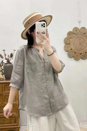V-Neck Short Sleeve Shirt for Women, Loose Slimming Summer Top, Five-Point Sleeve, Trendy and Versatile Fashion 2025