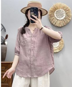 V-Neck Short Sleeve Shirt for Women, Loose Slimming Summer Top, Five-Point Sleeve, Trendy and Versatile Fashion 2025
