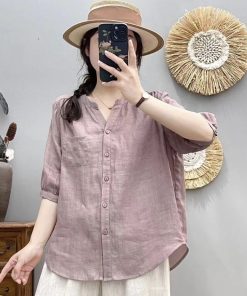V-Neck Short Sleeve Shirt for Women, Loose Slimming Summer Top, Five-Point Sleeve, Trendy and Versatile Fashion 2025