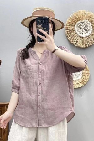V-Neck Short Sleeve Shirt for Women, Loose Slimming Summer Top, Five-Point Sleeve, Trendy and Versatile Fashion 2025