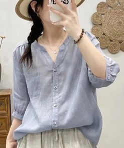 V-Neck Short Sleeve Shirt for Women, Loose Slimming Summer Top, Five-Point Sleeve, Trendy and Versatile Fashion 2025