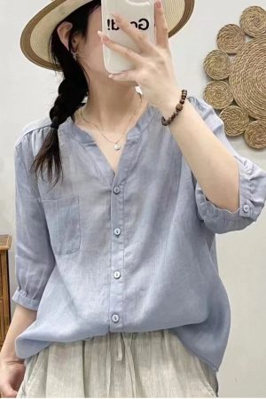 V-Neck Short Sleeve Shirt for Women, Loose Slimming Summer Top, Five-Point Sleeve, Trendy and Versatile Fashion 2025