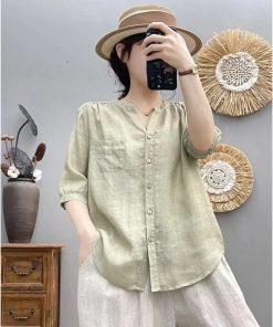 V-Neck Short Sleeve Shirt for Women, Loose Slimming Summer Top, Five-Point Sleeve, Trendy and Versatile Fashion 2025