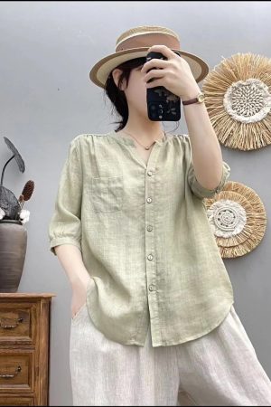 V-Neck Short Sleeve Shirt for Women, Loose Slimming Summer Top, Five-Point Sleeve, Trendy and Versatile Fashion 2025