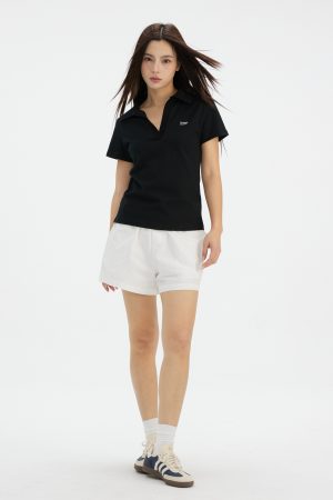 V-neck Short Sleeve Slim Fit Logo Print T-shirt for Women - Comfortable Summer Polo Top, Casual Daily Wear