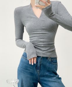 V-Neck Slim-Fit Women's T-Shirt, Stylish Knit Top for a Youthful Look, Trendy Casual Wear, Perfect for 90s and Y2K Fashion Lovers