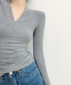 V-Neck Slim-Fit Women's T-Shirt, Stylish Knit Top for a Youthful Look, Trendy Casual Wear, Perfect for 90s and Y2K Fashion Lovers