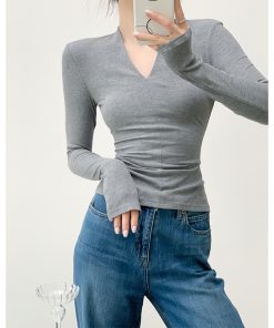 V-Neck Slim-Fit Women's T-Shirt, Stylish Knit Top for a Youthful Look, Trendy Casual Wear, Perfect for 90s and Y2K Fashion Lovers