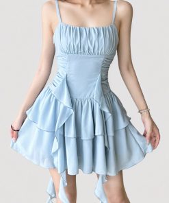 Vacation Style Blue Ribbon Irregular Strap Dress with French Pleated Waist and Short Skirt - Summer Fashion Essential