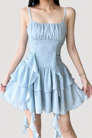 Vacation Style Blue Ribbon Irregular Strap Dress with French Pleated Waist and Short Skirt - Summer Fashion Essential