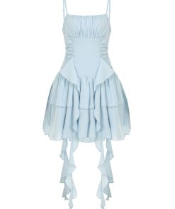 Vacation Style Blue Ribbon Irregular Strap Dress with French Pleated Waist and Short Skirt - Summer Fashion Essential