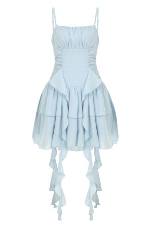 Vacation Style Blue Ribbon Irregular Strap Dress with French Pleated Waist and Short Skirt - Summer Fashion Essential