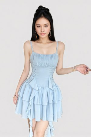 Vacation Style Blue Ribbon Irregular Strap Dress with French Pleated Waist and Short Skirt - Summer Fashion Essential
