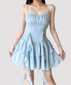 Vacation Style Blue Ribbon Irregular Strap Dress with French Pleated Waist and Short Skirt - Summer Fashion Essential