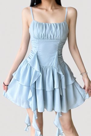 Vacation Style Blue Ribbon Irregular Strap Dress with French Pleated Waist and Short Skirt - Summer Fashion Essential