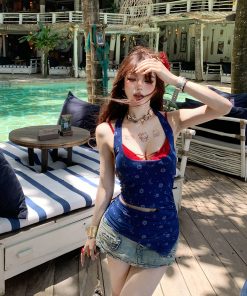 Vacation Style Halter Top - Women's Summer Slimming Waist-Defining Blue Top for Hot Girl Aesthetic, 90s-Inspired Fashion