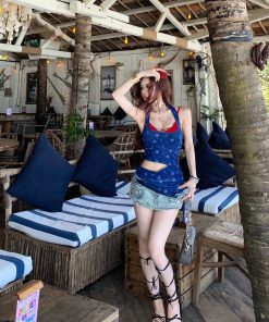 Vacation Style Halter Top - Women's Summer Slimming Waist-Defining Blue Top for Hot Girl Aesthetic, 90s-Inspired Fashion