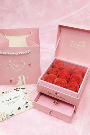 Valentine's Day Jewelry Gift Box with 9 Roses, Bracelet, Ring, Necklace, and Earrings for Romantic Gifts