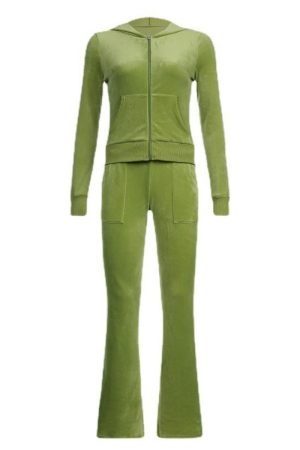 Velvet Hooded Zipper Jacket with Flared Pants Set for Women - Autumn Winter Two-Piece Outfit, Trendy Casual Style