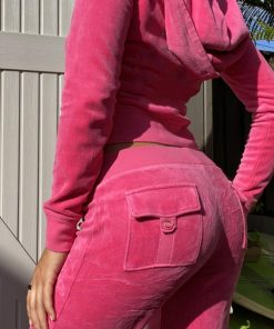 Velvet Hooded Zipper Jacket with Flared Pants Set for Women - Autumn Winter Two-Piece Outfit, Trendy Casual Style