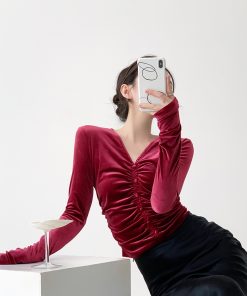 Velvet Long Sleeve V-Neck Top for Women, High-End Autumn/Winter 2025, Trendy Base Layer, Chic Fashion Essential
