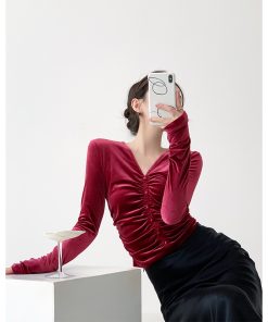 Velvet Long Sleeve V-Neck Top for Women, High-End Autumn/Winter 2025, Trendy Base Layer, Chic Fashion Essential