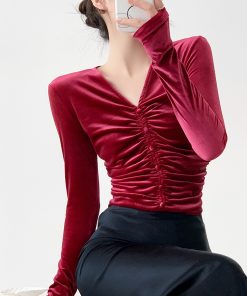 Velvet Long Sleeve V-Neck Top for Women, High-End Autumn/Winter 2025, Trendy Base Layer, Chic Fashion Essential