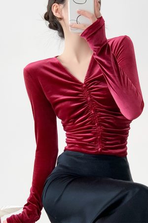 Velvet Long Sleeve V-Neck Top for Women, High-End Autumn/Winter 2025, Trendy Base Layer, Chic Fashion Essential