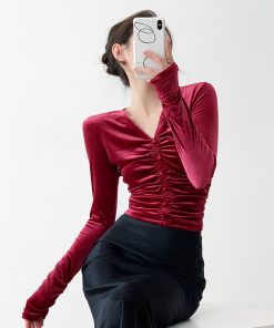Velvet Long Sleeve V-Neck Top for Women, High-End Autumn/Winter 2025, Trendy Base Layer, Chic Fashion Essential