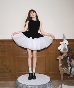 Velvet Spliced Ballet Skirt Dress with Mesh Sleeveless Vest - Princess Style Puff Skirt for Women - Winter Fashion