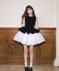 Velvet Spliced Ballet Skirt Dress with Mesh Sleeveless Vest - Princess Style Puff Skirt for Women - Winter Fashion