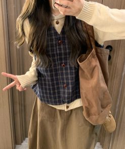 Versatile All-Cotton Color-Woven Checkered V-Neck Vest for Women - Loose Simple Elegant Layering Piece for Autumn 2025