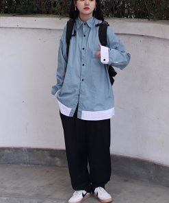 Versatile Color-Blocking Oversized Japanese-Style Work Shirt Jacket for Students - Trendy Loose Fit
