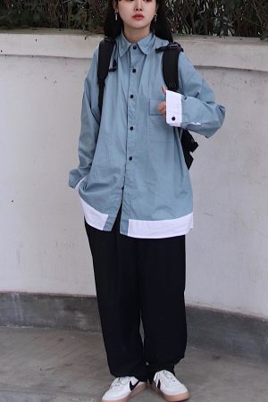 Versatile Color-Blocking Oversized Japanese-Style Work Shirt Jacket for Students - Trendy Loose Fit