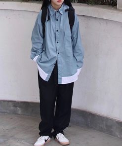 Versatile Color-Blocking Oversized Japanese-Style Work Shirt Jacket for Students - Trendy Loose Fit