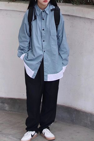 Versatile Color-Blocking Oversized Japanese-Style Work Shirt Jacket for Students - Trendy Loose Fit