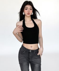 Versatile Multi-Color Halter Backless Tank Top - Trendy Casual Slim-Fit Cropped Style for 90s and Y2K Inspired Layering