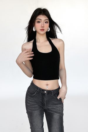Versatile Multi-Color Halter Backless Tank Top - Trendy Casual Slim-Fit Cropped Style for 90s and Y2K Inspired Layering