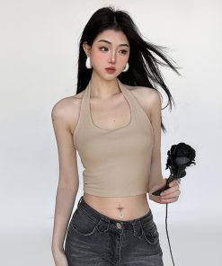 Versatile Multi-Color Halter Backless Tank Top - Trendy Casual Slim-Fit Cropped Style for 90s and Y2K Inspired Layering