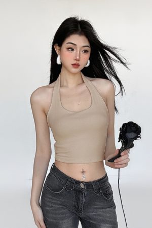 Versatile Multi-Color Halter Backless Tank Top - Trendy Casual Slim-Fit Cropped Style for 90s and Y2K Inspired Layering