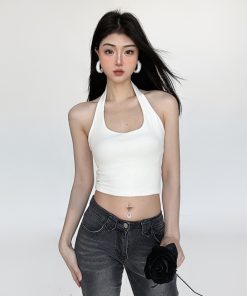 Versatile Multi-Color Halter Backless Tank Top - Trendy Casual Slim-Fit Cropped Style for 90s and Y2K Inspired Layering