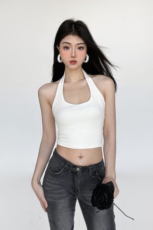 Versatile Multi-Color Halter Backless Tank Top - Trendy Casual Slim-Fit Cropped Style for 90s and Y2K Inspired Layering