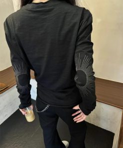 Versatile Pumpkin Embroidered Long Sleeve T-Shirt with Henry Collar and Flattering Curved Silhouette - Soft and Comfortable Style