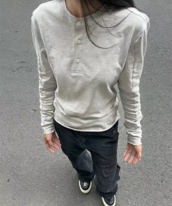 Versatile Pumpkin Embroidered Long Sleeve T-Shirt with Henry Collar and Flattering Curved Silhouette - Soft and Comfortable Style